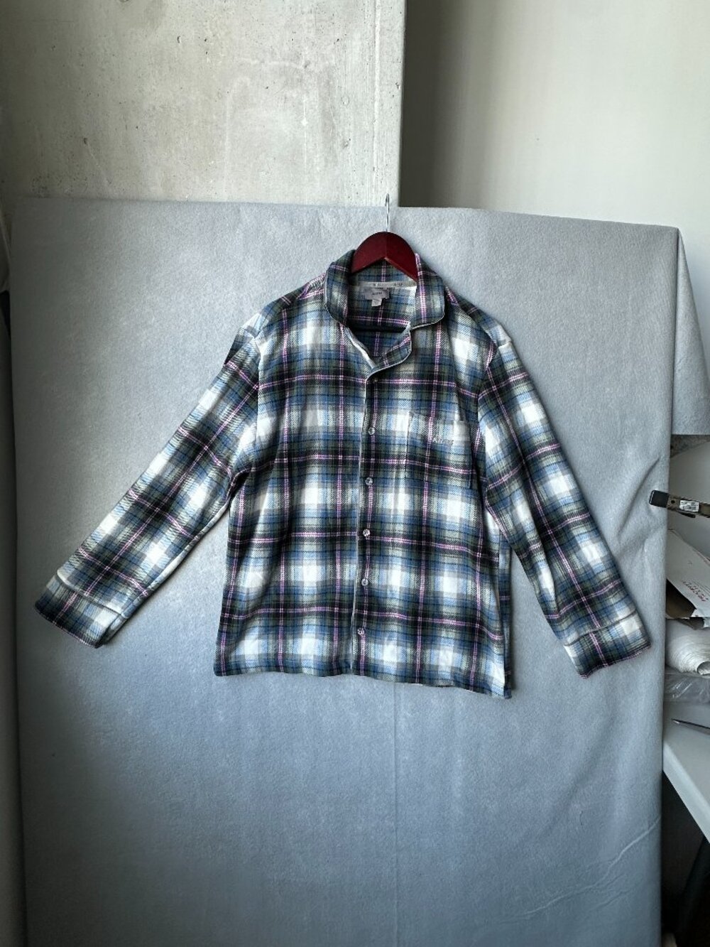 SKIMS Pajama Shirt Sleep Top XS Blue Pink Plaid Cozy Long Sleeve Cozy